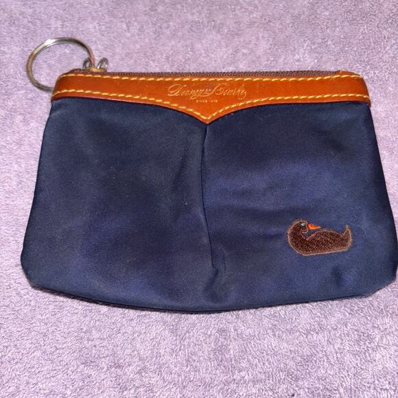 Dooney & Bourke Vintage Mini Coin Pouch – Navy & Brown Leather Trim - Picture 1 of 4